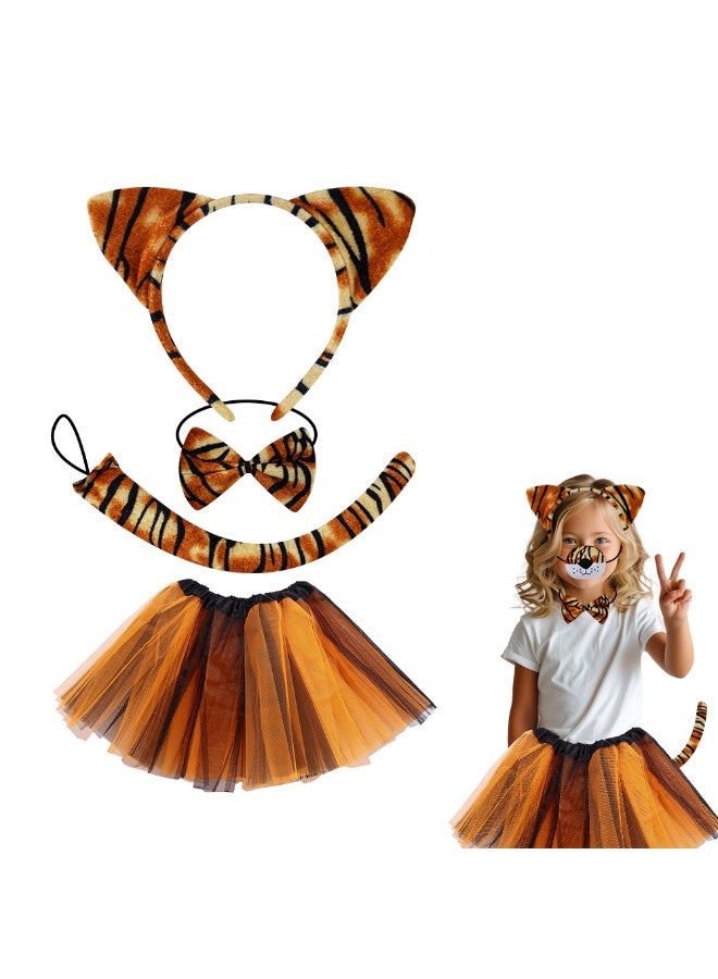 موردلي طقم أزياء نمر للبنات مع تنورة توتو، ربطة رأس، ذيل، وربطة عنق - إكسسوارات حيوانات لطيفة للحفلات والتنكر - Image 1